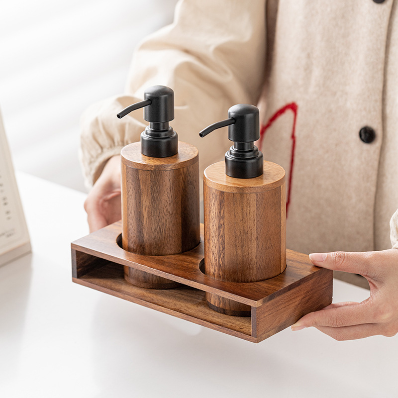 Luxury Skincare Tray - Walnut wood press-type portioning empty bottles.